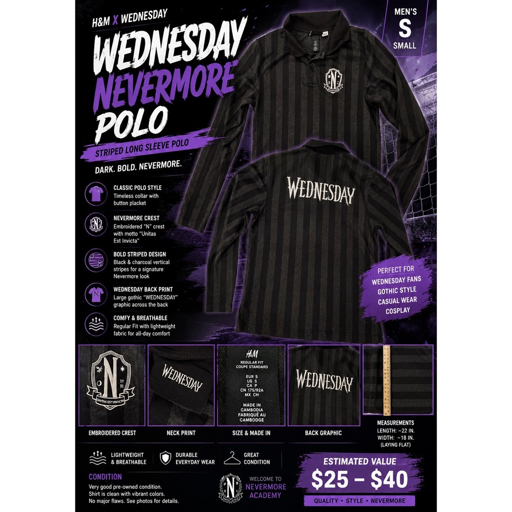 H&M Wednesday Addams Nevermore Academy Black Striped Long Sleeve Shirt Men's S